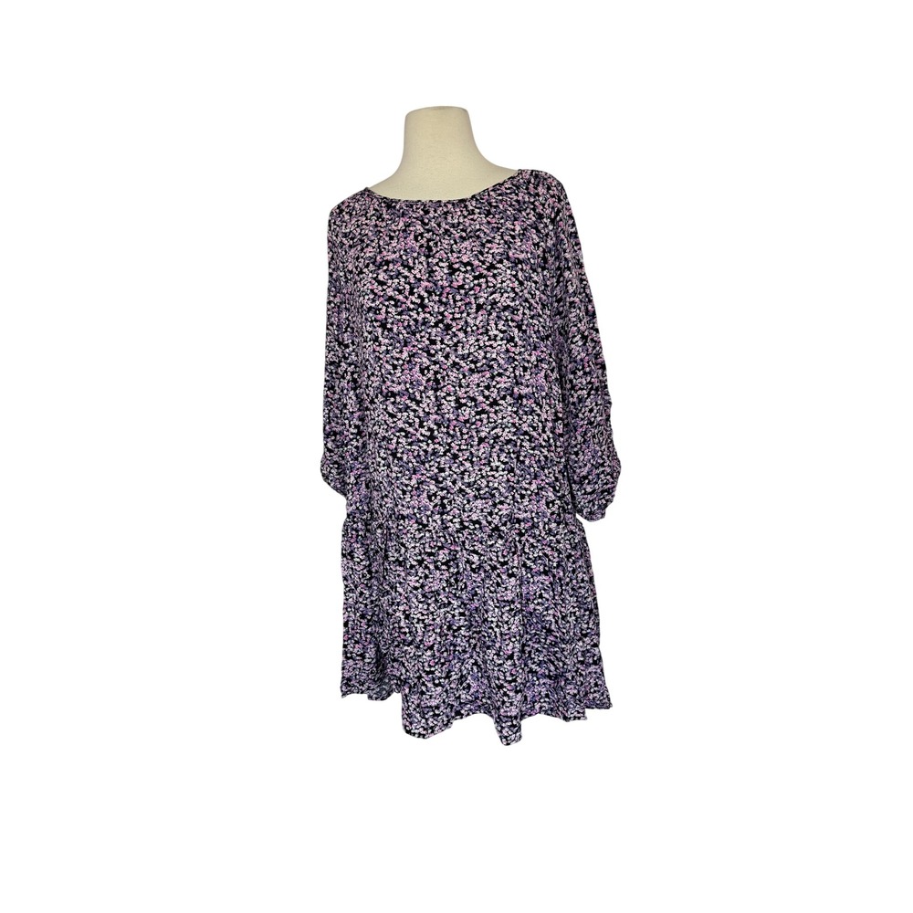 HM Women's Purple Floral Tiered Babydoll Mini Dress 3/4 Sleeve XL